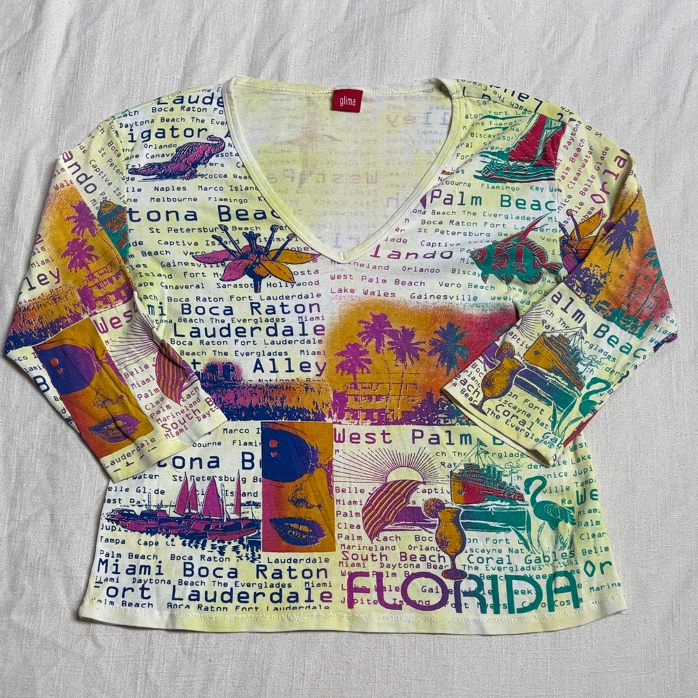 Vintage Y2K Glima Florida Graphic V-neck T-shirt, Women’s Large